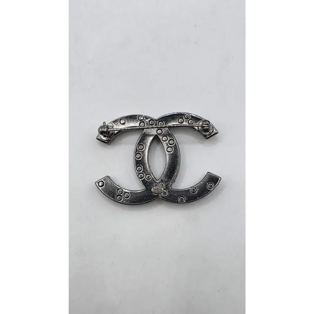 Chanel Silver-tone Faux Pearl Resin Interlocking CC Pin Brooch